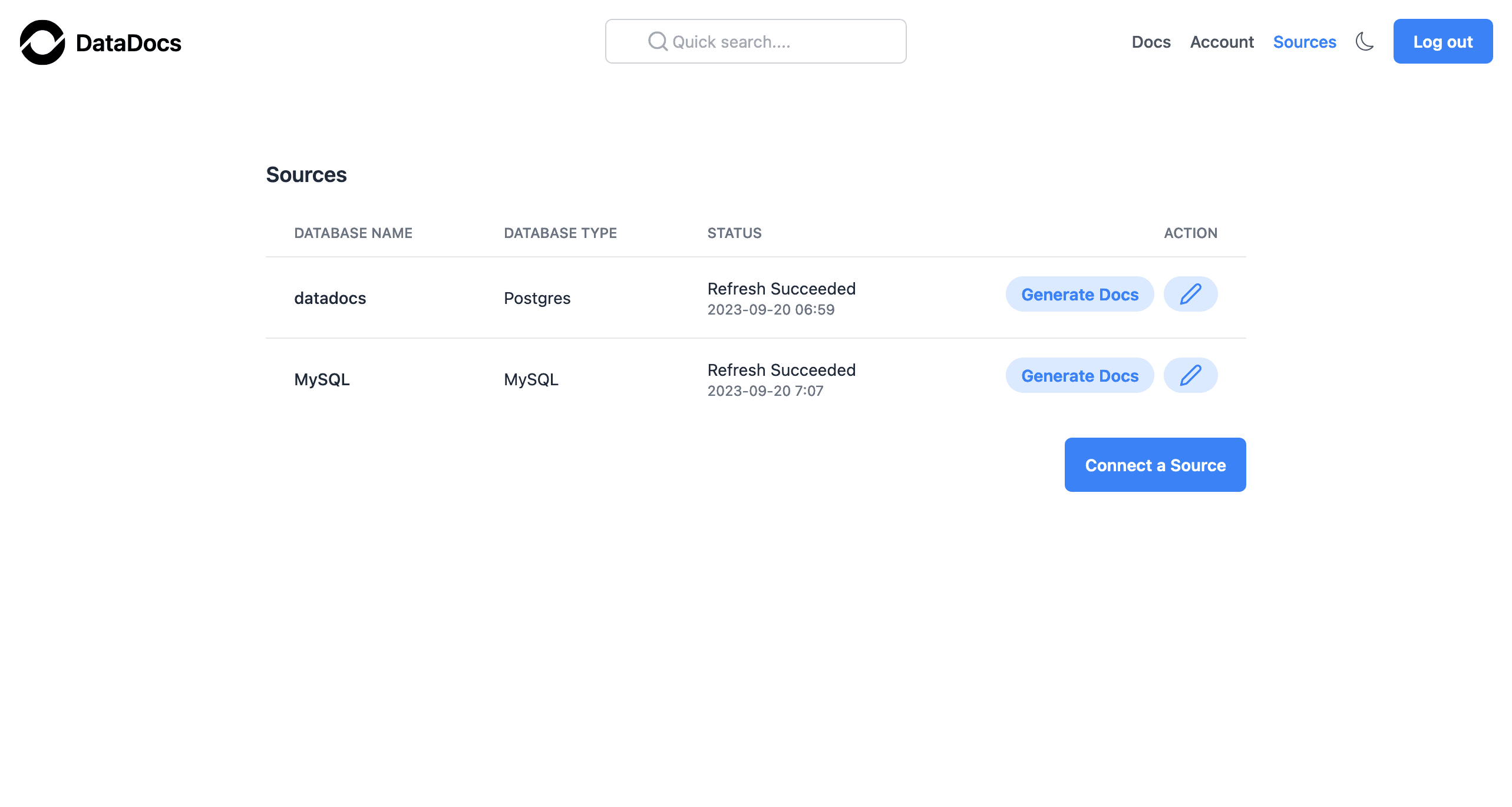 Screenshot of DataDocs source configuration tab, showing recently refreshed databases